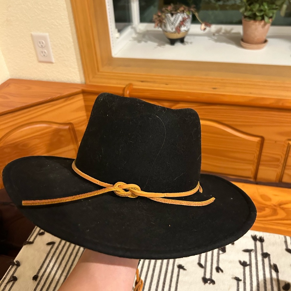 Stetson Black Felt Hat with Tan Leather Chinstrap